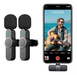 KIT COM 2 MICROFONE LAPELA PARA CELULAR SEM FIO K9 ENTRADA LIGHTNING IOS IPHONE COR PRETO MOD: MIC-2802 - ONEX