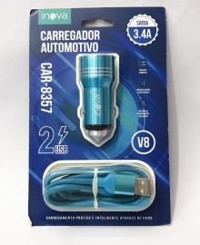 CARREGADOR VEICULAR 2 ENTRADA USB , CABO TYPE- V8 MOD: CAR - 8357 - INOVA  ( AZUL )