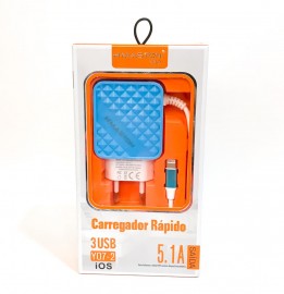 CARREGADOR  IPHONE 5.1A 3 USB   MOD: Y07-2 - H'MASTON  (AZUL BEBE)