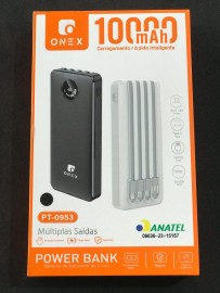 Power bank 10.000mAh carregador porttil cor preto 4 cabos 1 entrada USB, type-C ,type-V8, type- IOS e micro USB entrada 1 entrada USB modelo: Pt-0953- Onex