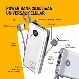 BATERIA EXTERNA CARREGADOR PORTTIL POWER BANK 20.000mAh CABO TYPE-C , TYPE-V8 , IOS E USB LEITOR DE LED BATERIA POLMERO DE LI-ON  MODELO: PT-0958 - ONEX 