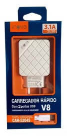 CARREGADOR COMPLETO 3.1A FONTE DUAS ENTRADA USB E CABO TYPE-V8 TIPO-V8 MODELO: CAR-5204S  - INOVA