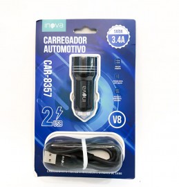 CARREGADOR VEICULAR 2 ENTRADA USB , CABO TYPE- V8, TIPO V8  MOD: CAR - 8357 - INOVA  ( PRETO )