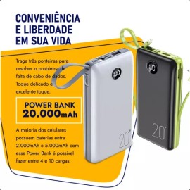 Bateria externa carregador porttil Power Bank 20.000mAh cabo type-C , cabo type-V8 , iphone IOS e USB leitor de bateria polmero de LI-ION modelo: PT-0958 - Onex 