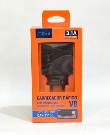 CARREGADOR COMPLETO TYPE-V8 , TIPO V8 3.1A 2 PORTAS USB MOD: CAR - 3116S COR PRETO - INOVA 