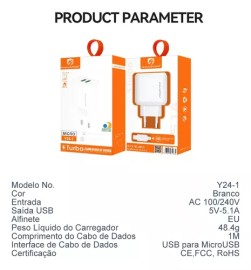 CARREGADOR TURBO SADA 5.1A FONTE DE CELULAR 2 ENTRADA USB CABO TYPE-V8 1METRO MODELO: Y24-1 - H'MASTON 