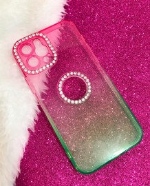 CAPA IPHONE 12/ 12 PRO (6.1) , COM STRASS NA CORES DEGRADE VERDE E ROSA 